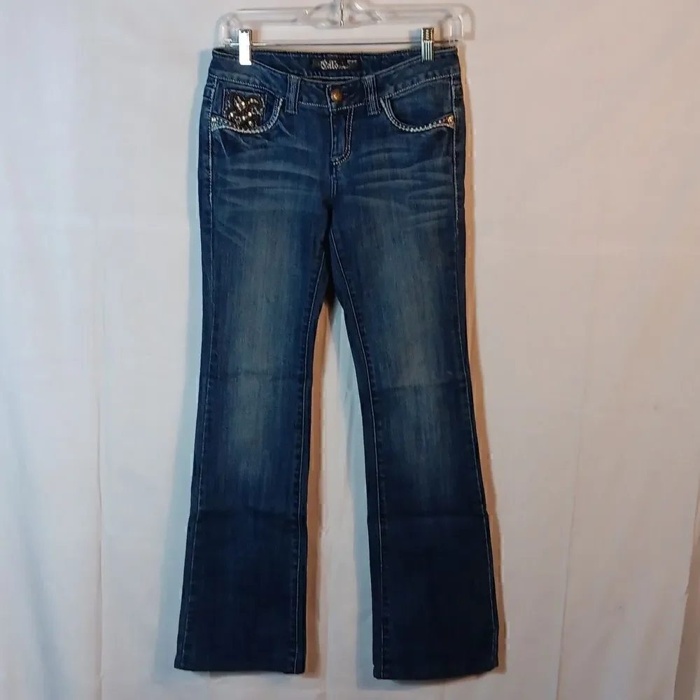 Cello Embellished Flap Pockets Stretch Denim Low Rise Jeans